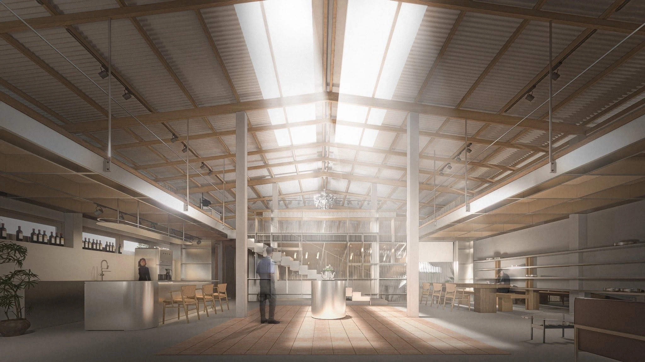 ภาพออกแบบ Suchai Craft Studio โถงโปร่งกับแสงธรรมชาติจากหลังคา